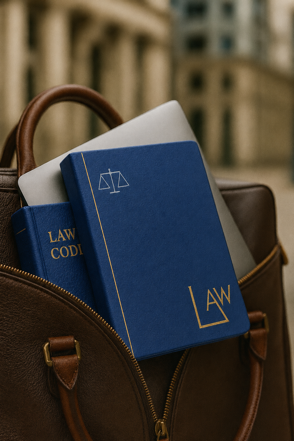 Law books in a leather bag